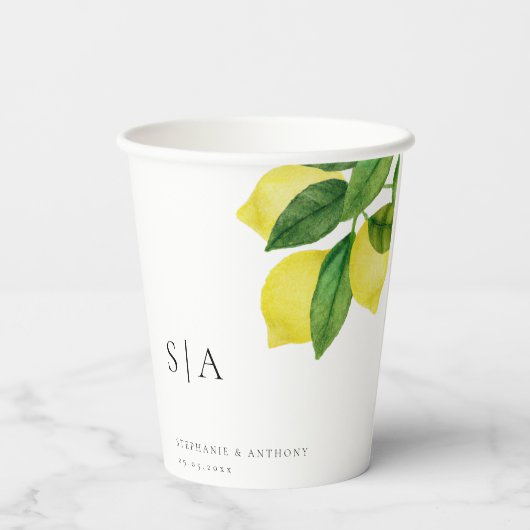 Monogrammen Lemon Citrus Branch Greenery Wedding Papieren Bekers (Achterkant)
