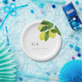 Monogrammen Lemon Citrus Branch Greenery Wedding Papieren Bordje (Feest)