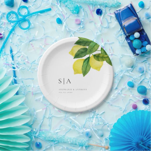 Monogrammen Lemon Citrus Branch Greenery Wedding Papieren Bordje (Feest)