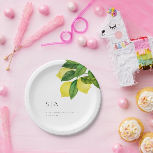 Monogrammen Lemon Citrus Branch Greenery Wedding Papieren Bordje (Feest)