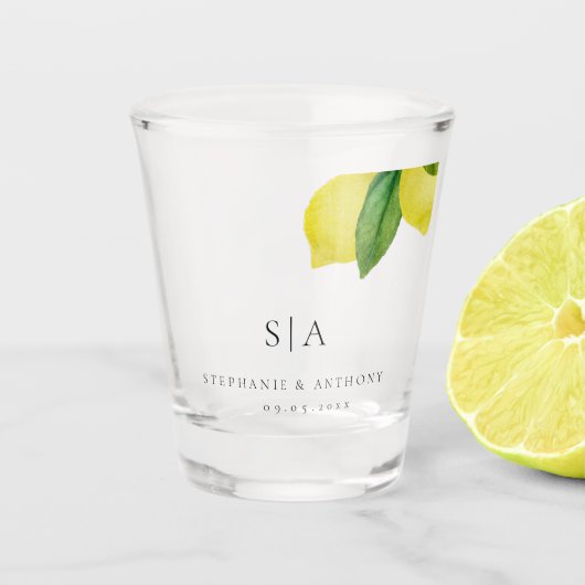 Monogrammen Lemon Citrus Branch Greenery Wedding Shot Glas (Voorkant)