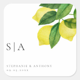 Monogrammen Lemon Citrus Branch Greenery Wedding Vierkante Sticker