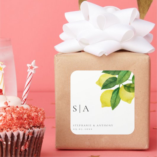 Monogrammen Lemon Citrus Branch Greenery Wedding Vierkante Sticker (Feest)