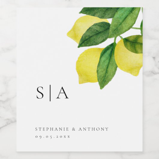 Monogrammen Lemon Citrus Branch Greenery Wedding Wijn Etiket (Enkel label)