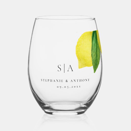 Monogrammen Lemon Citrus Branch Greenery Wedding Wijnglas Zonder Voet (Voorkant)