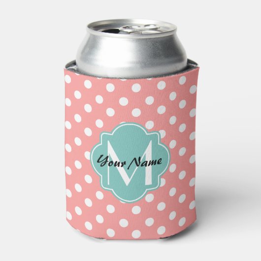 Monogrammen Light Coral Polka Dots Pattern Blikjeskoeler (Blikje Voorkant)