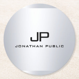 Monogrammen Metallic Faux Silver Sjabloon Elegant Ronde Kartonnen Onderzetter