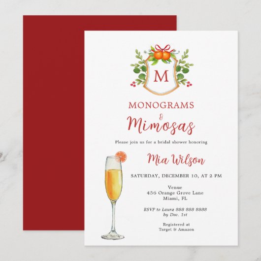 Monogrammen & Mimosas Kerst Vrijgezellenfeest Kaart (Voorkant / Achterkant)