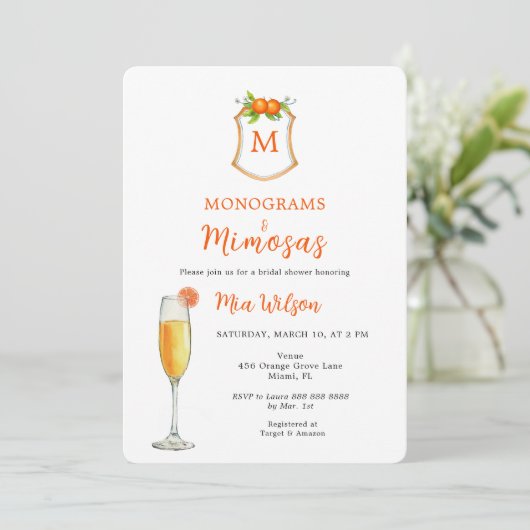 Monogrammen & Mimosas Vrijgezellenfeest Kaart (Staand voorkant)