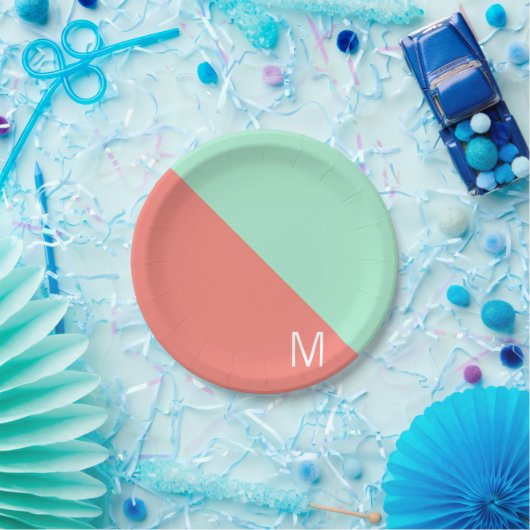 Monogrammen Mint en Koraal blok van de Kleur Papieren Bordje (Feest)