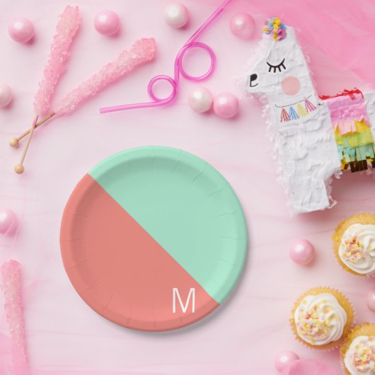 Monogrammen Mint en Koraal blok van de Kleur Papieren Bordje (Feest)