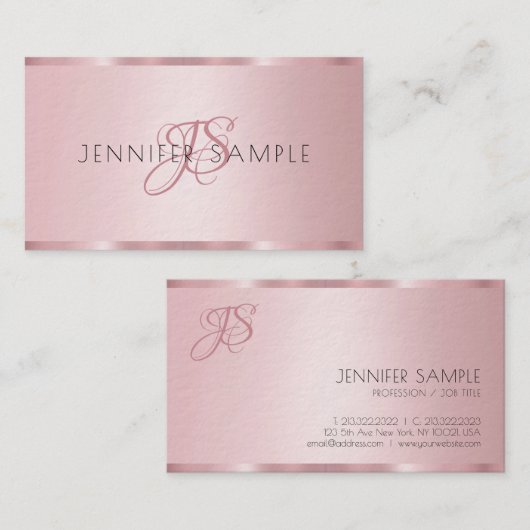 Monogrammen Modern Elegant Roos Gold Premium Thick Visitekaartje (Voorkant / Achterkant)