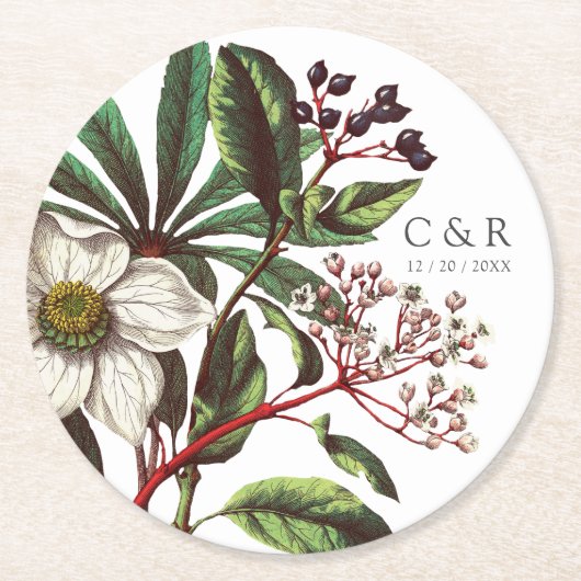 Monogrammen Modern  Roos met witte kerst Ronde Kartonnen Onderzetter (Voorkant)