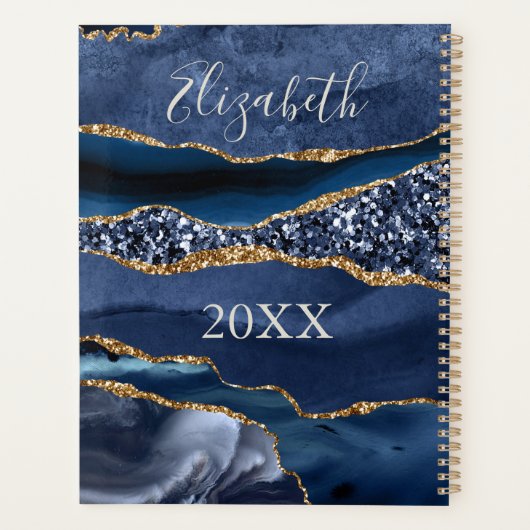 Monogrammen Naam Blauw Glitter Agate Marble Planner (Achterkant)