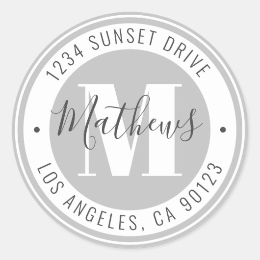 Monogrammen Naam & Circulaire Tekst | Grijs en wit Ronde Sticker (Voorkant)