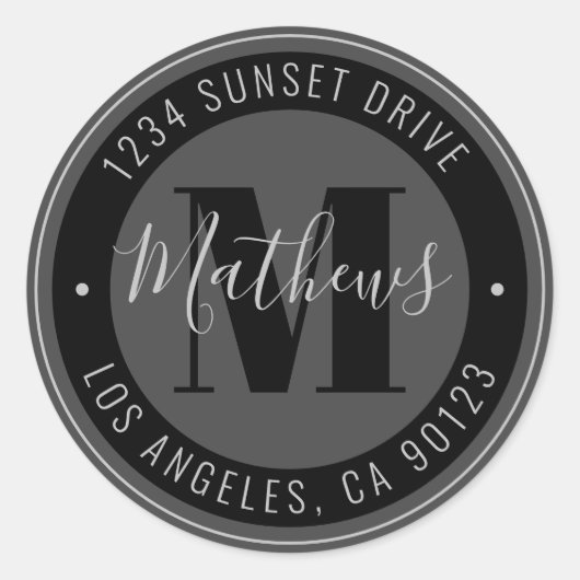 Monogrammen Naam & Circulaire Tekst | Grijs en zwa Ronde Sticker (Voorkant)