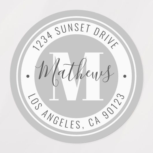 Monogrammen Naam & Circulaire Tekst | Grijze water Labels (Design 2)