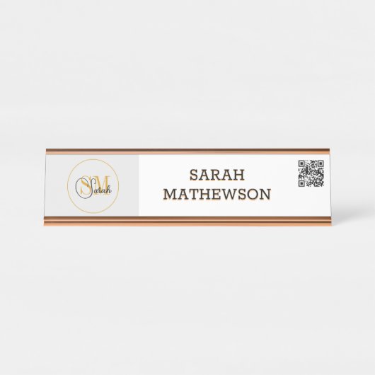 Monogrammen naam en legant handtekening / QR-code Bureau Naambordje (Voorkant)