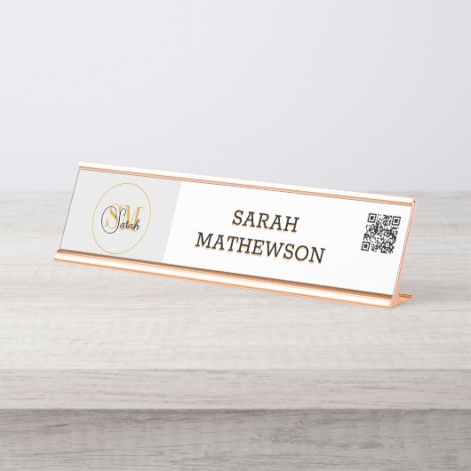 Monogrammen naam en legant handtekening / QR-code Bureau Naambordje (Voorkant)