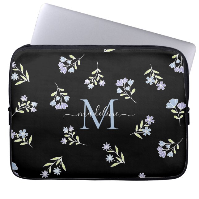 Monogrammen Naam & Initiaal Blauw Paars Laptop Sleeve (Voorkant)