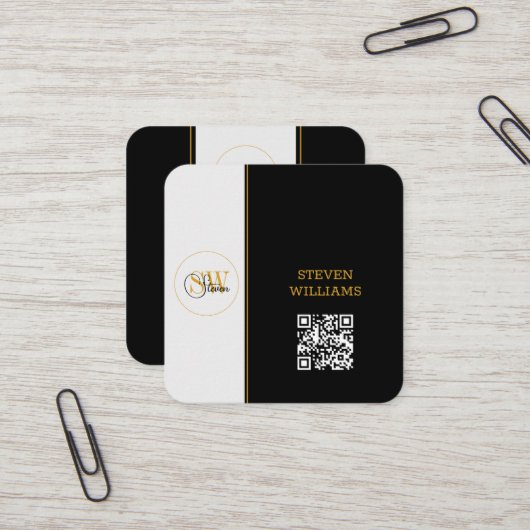 Monogrammen Naam & Moderne Handtekening / QR-code Vierkante Visitekaartje (Voorkant / Achterkant in situ)
