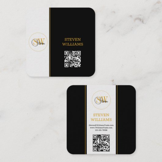 Monogrammen Naam & Moderne Handtekening / QR-code Vierkante Visitekaartje (Voorkant / Achterkant)