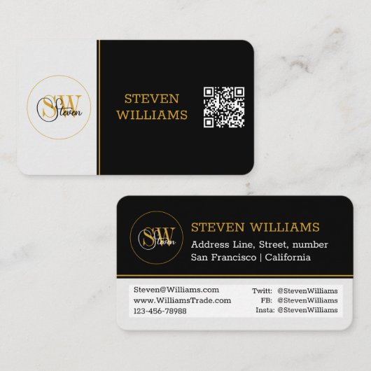 Monogrammen Naam & Moderne Handtekening / QR-code Visitekaartje (Voorkant / Achterkant)