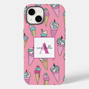 Monogrammen Naam Roze Ice Cream Cone-patroon Case-Mate iPhone 14 Hoesje