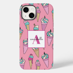 Monogrammen Naam Roze Ice Cream Cone-patroon Case-Mate iPhone 14 Hoesje