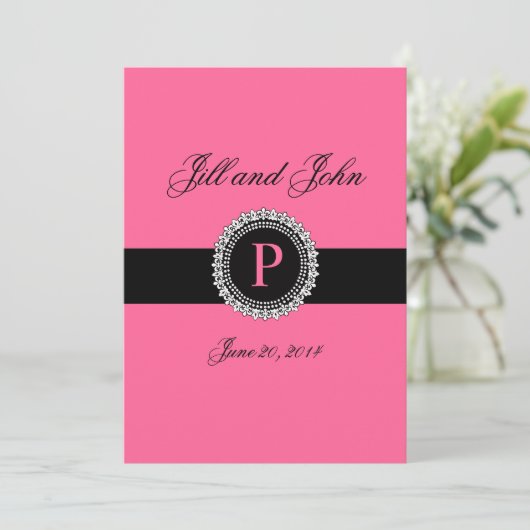 Monogrammen P Wedding Invitations Pink Fleur de Li Kaart (Staand voorkant)