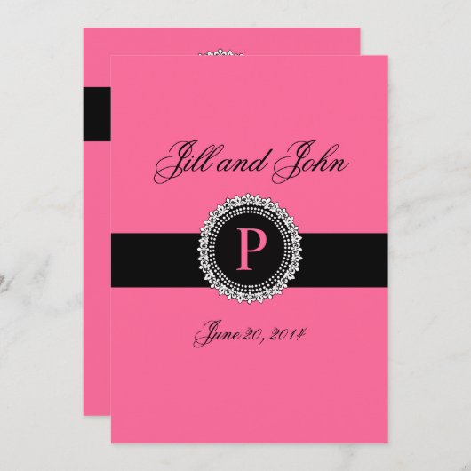 Monogrammen P Wedding Invitations Pink Fleur de Li Kaart (Voorkant / Achterkant)