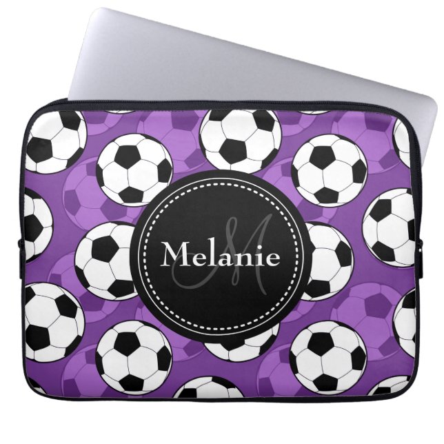 Monogrammen Paars Black Voetbal Pattern Laptop Sleeve (Voorkant)