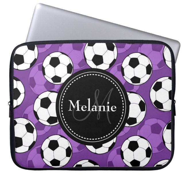 Monogrammen Paars Black Voetbal Pattern Laptop Sleeve (Voorkant)