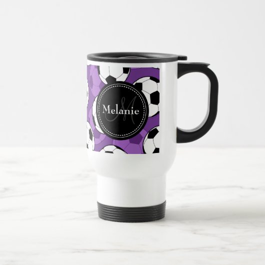 Monogrammen Paars Black Voetbal Pattern Reisbeker (Rechts)