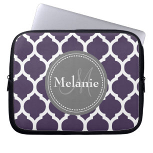 Monogrammen Paars en grijs Quatrefoil Laptop Sleeve
