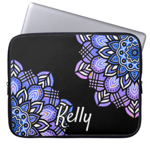 Monogrammen Paars, zwart en wit Mandala Pattern Laptop Sleeve