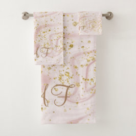 Monogrammen Pink White Marble Swirl Gold Glitter Bad Handdoek