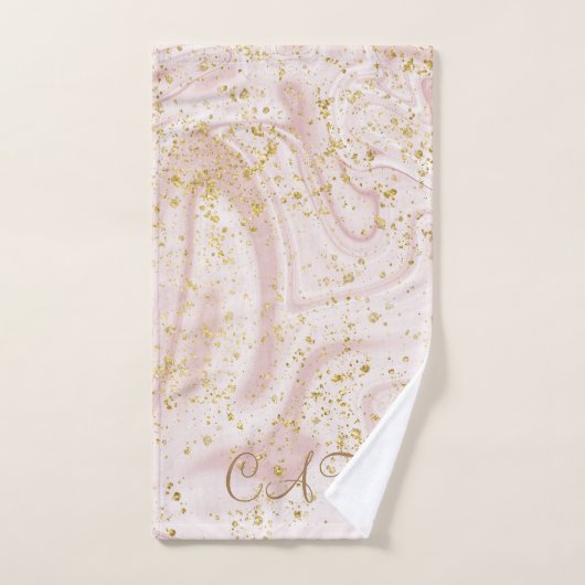 Monogrammen Pink White Marble Swirl Gold Glitter Bad Handdoek (Handdoek)