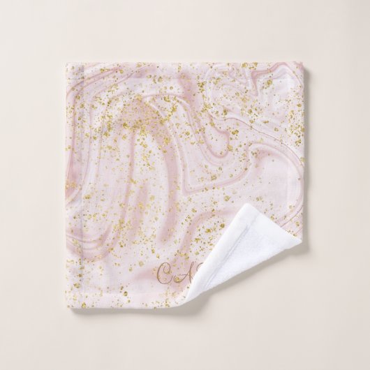 Monogrammen Pink White Marble Swirl Gold Glitter Bad Handdoek (Wasdoekje)