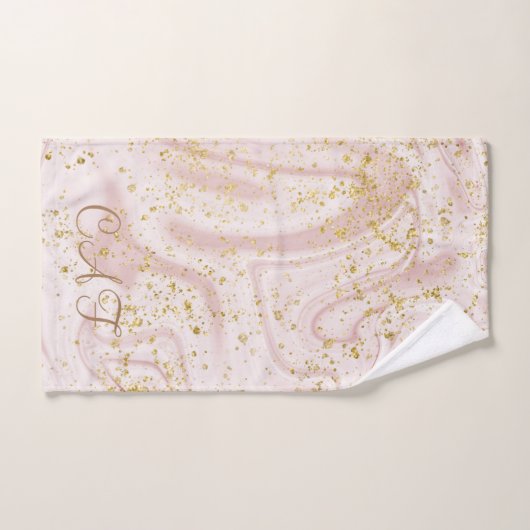 Monogrammen Pink White Marble Swirl Gold Glitter Bad Handdoek (Handdoek)