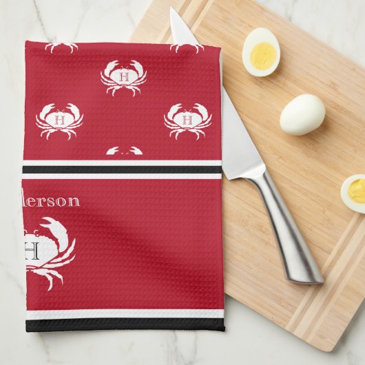 Monogrammen Red Black White Crab Nautical Schort K Theedoek (Quarter Fold)