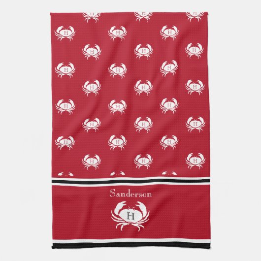 Monogrammen Red Black White Crab Nautical Schort K Theedoek (Verticaal)