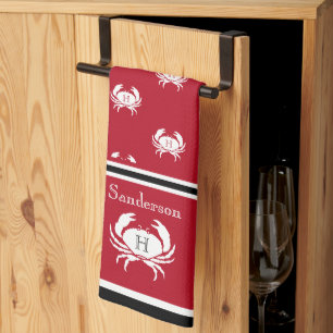 Monogrammen Red Black White Crab Nautical Schort K Theedoek