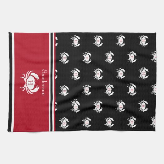 Monogrammen Red Black White Crab Nautical Schort Theedoek (Horizontaal)