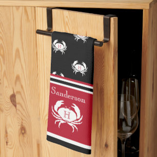 Monogrammen Red Black White Crab Nautical Schort Theedoek