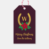 Monogrammen Red+GoldKerstmis Hoefijzer Cadeaulabel (Voorkant)