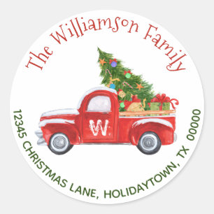 Monogrammen Red Truck Return Address Kerstmis Ronde Sticker