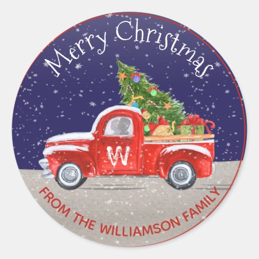 Monogrammen rode kersttruck met sneeuw 's nachts ronde sticker (Voorkant)