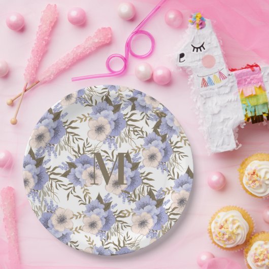 Monogrammen Romantic Violet Sage Botanisch Papieren Bordje (Feest)