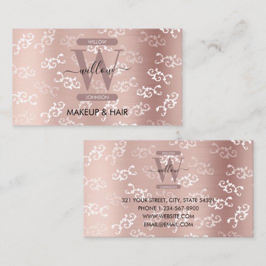Monogrammen  Roos Gold Damask Makeup Hair Visitekaartje (Voorkant / Achterkant)